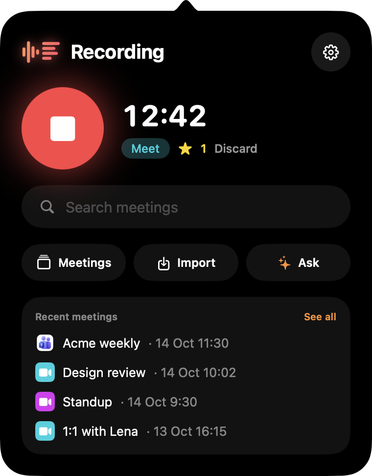 The Overheard menu bar panel while recording a Google Meet call